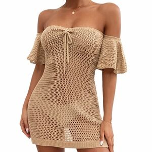 MakeMeChic Crochet Swim Cover Up Tan Size Large New